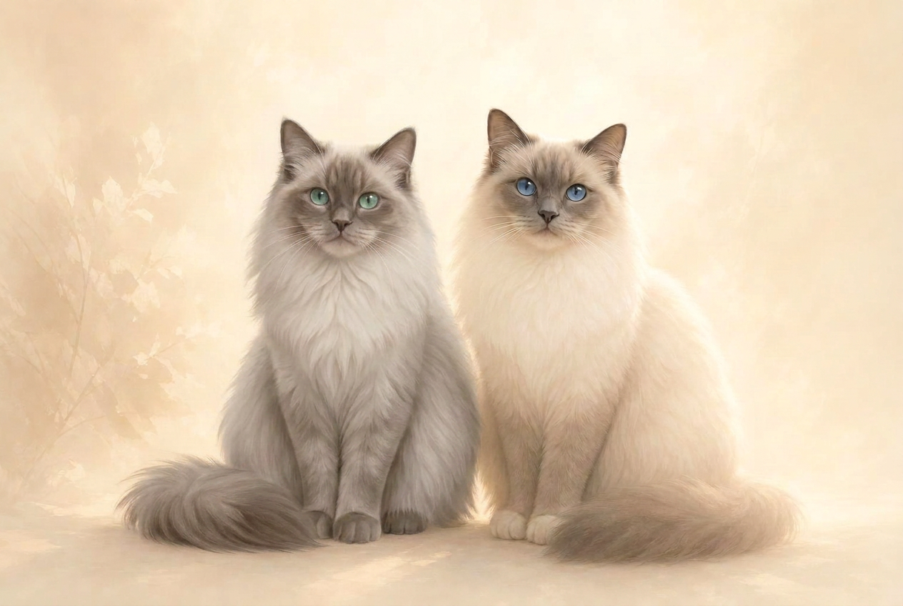 Two Ragdoll cats, one with aqua eyes and one with blue eyes